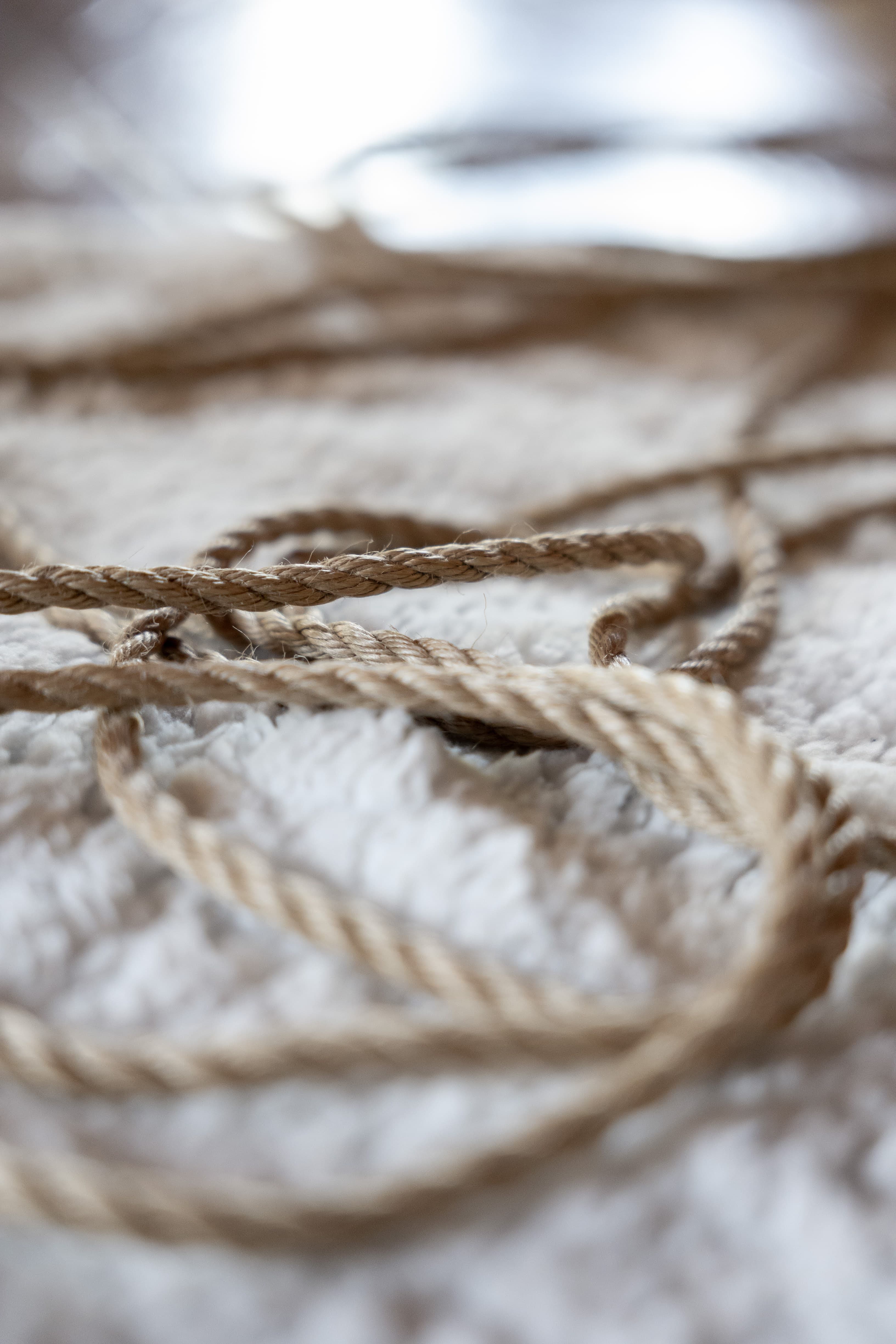 Coils of natural rope resting on a soft rug